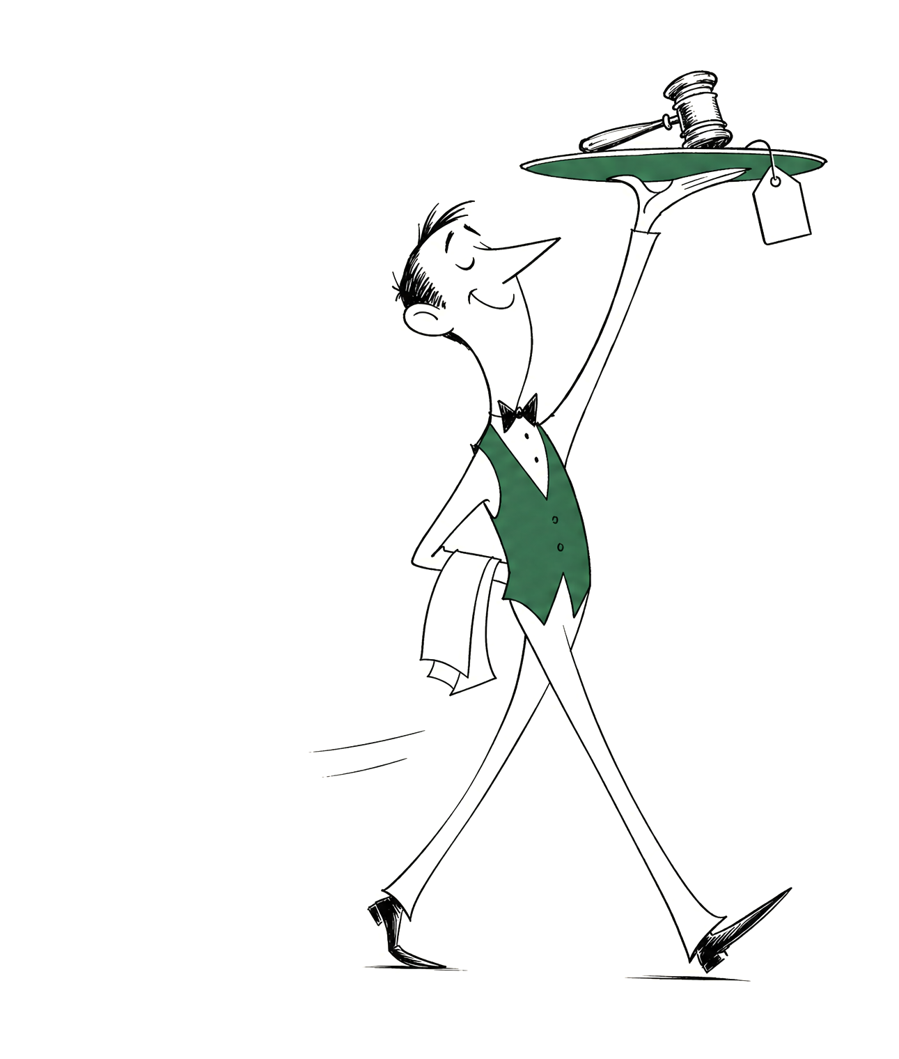 The Steward striding with his tray held high, a gavel upon it